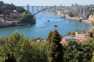 Pintoresco río Duero fluyendo por el norte de España con viñedos y pueblo ribereño